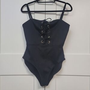 Active Basic USA Black Lace Up Grommet Bodysuit | Corset Front Square Neck